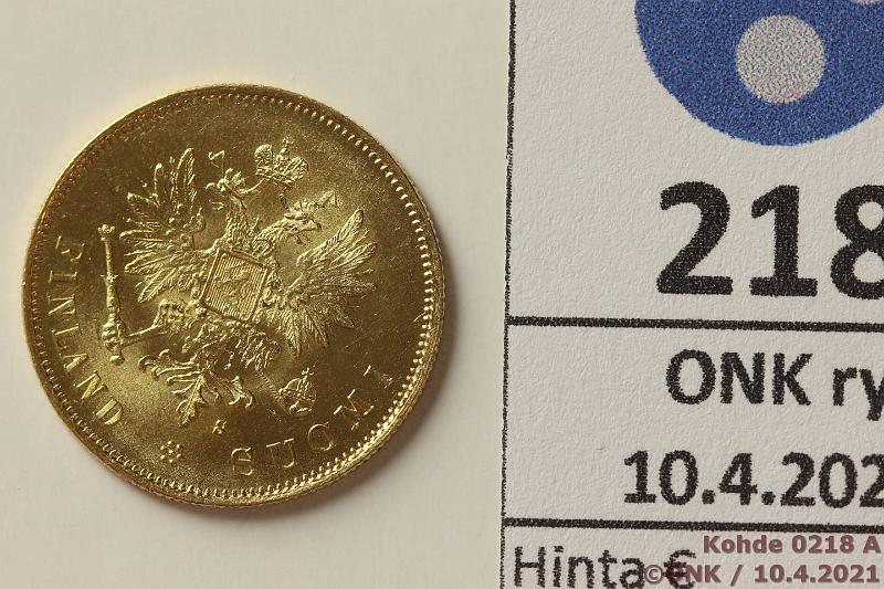 k-0218-a.jpg - Kohde 218 (kuva 1/2), l�ht�hinta: 200 &euro; / myyntihinta: 260 &euro; 10 mk 1879 Au, arvopuolella hnja, kunto: 9/8