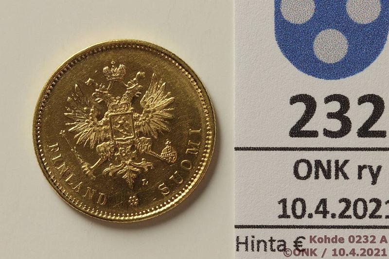 k-0232-a.jpg - Kohde 232 (kuva 1/2), l�ht�hinta: 250 &euro; / myyntihinta: 363 &euro; 20 mk 1904 Au, hnja, kunto: 8