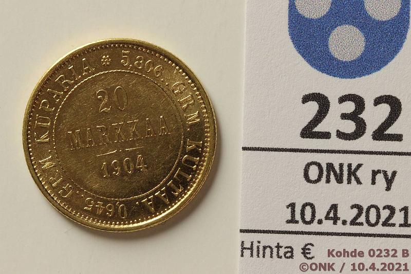 k-0232-b.jpg - Kohde 232 (kuva 2/2), l�ht�hinta: 250 &euro; / myyntihinta: 363 &euro; 20 mk 1904 Au, hnja, kunto: 8