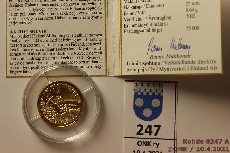 k-0247-a.jpg - Kohde 247 (kuva 1/2), lhthinta: 350 € / myyntihinta: 350 € 100 € 2002 Au, Proof, 8,64g/900, Keskiyn aurinko, kotelo, tod, kunto: 10