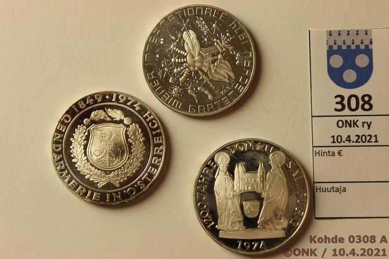 k-0308-a.jpg - Kohde 308, l�ht�hinta: 10 &euro; / myyntihinta: 26 &euro; It�valta 50 sch (3) 1974 KM#2919-21 Ag, 20g/900, Proof, Wienin kansainv�linen kukkan�yttely, It�vallan poliisivoimat, Salzburg, v�rj�ymi�, kunto: 9