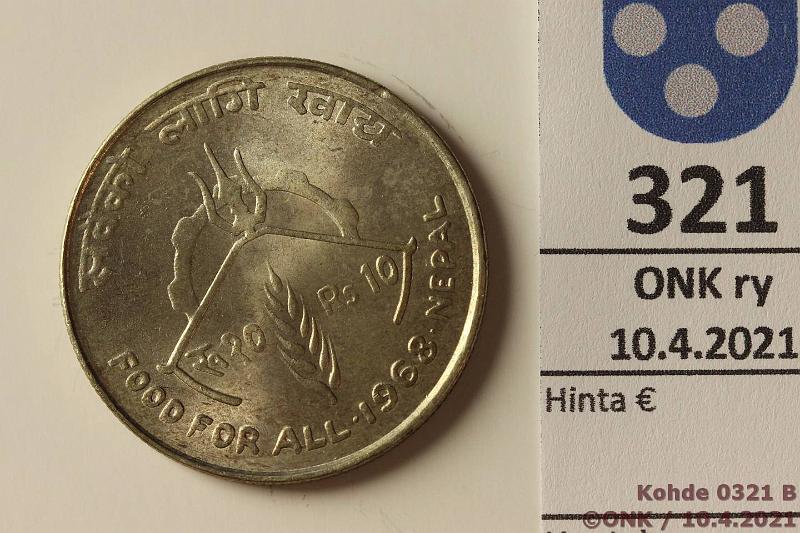 k-0321-b.jpg - Kohde 321 (kuva 2/2), l�ht�hinta: 5 &euro; / myyntihinta: 7 &euro; Nepal 10 rupee 1968 KM#794 Ag, 15,6g/600, F.A.O., kunto: 7