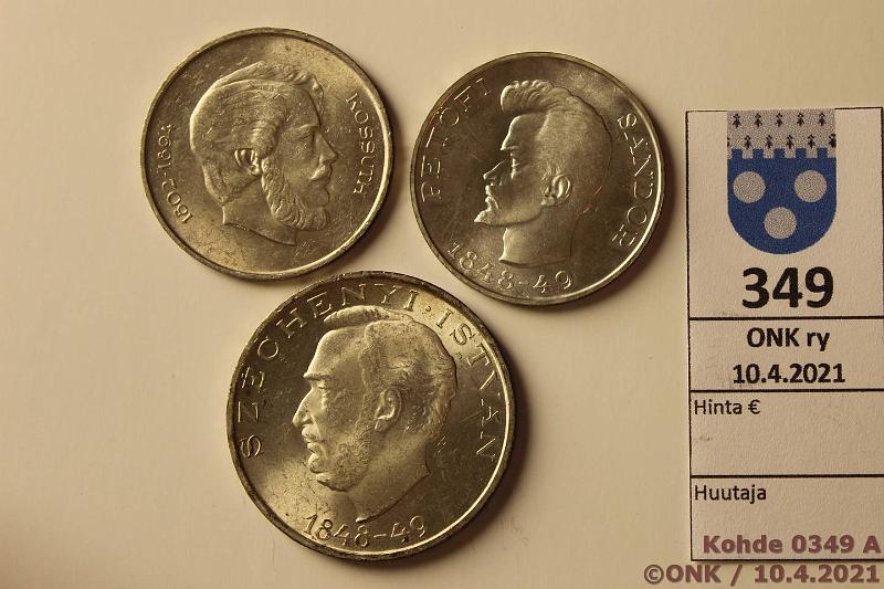 k-0349-a.jpg - Kohde 349 (kuva 1/2), l�ht�hinta: 15 &euro; / myyntihinta: 22 &euro; Unkari 5(2) + 10 forint 1947, -48(2) KM#534a, 537, 538 Ag, 2 x 12g/500, Kossuth, Pet�fi; 20g/500, Vallankumous 100 v, kunto: 9, 8
