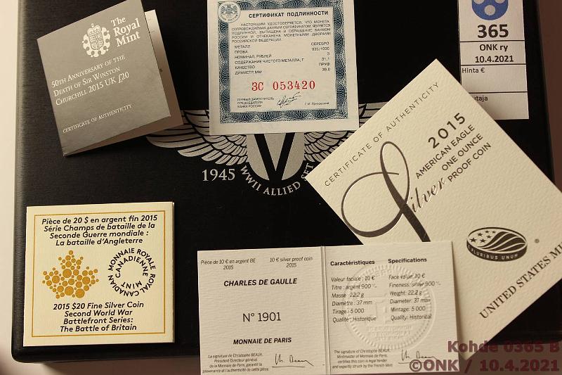 k-0365-b.jpg - Kohde 365 (kuva 2/2), l�ht�hinta: 60 &euro; / myyntihinta: 78 &euro; WW II Allied 1945-2015 -sarja (5) 2015 Ag, 2. maailmansodan voittajavaltioiden 70v juhla -sarja. UK 20� Churchill BU; USA 1$ proof; Ranska 10&euro; De Gaulle ancient; Kanada 20� The Battle of Britain proof; NL 3 rpl proof, kunto: 9-10