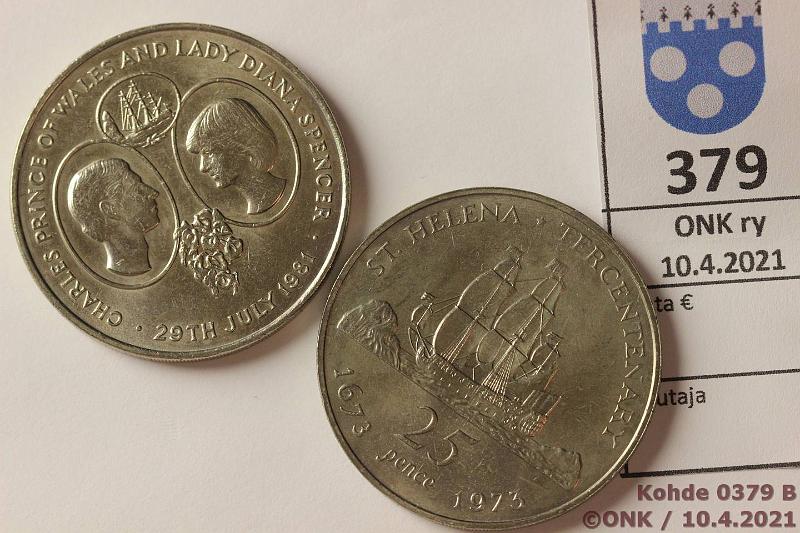 k-0379-b.jpg - Kohde 379 (kuva 2/2), lhthinta: 5 € / myyntihinta: 7 € St. Helena 25 pence (2) 1973, -81 KM#5, 9 CuNi, 1973 Tercentenary of restored British Rule, 1981 Royal Wedding, kunto: 9