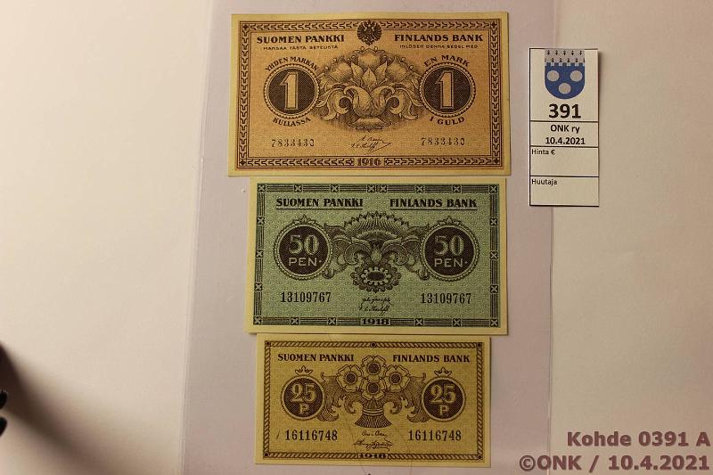 k-0391-a.jpg - Kohde 391, l�ht�hinta: 10 &euro; / myyntihinta: 16 &euro; 25 p - 1 mk 1916-18 (3) SNY 103, 105, 112.1, 25p 1918 COL-His; 50p-18 J�R-The; 1mk-16 BA I-The, kunto: 8-9