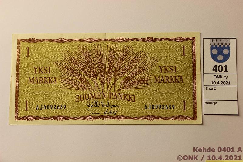 k-0401-a.jpg - Kohde 401, l�ht�hinta: 10 &euro; / ei tarjouksia 1 mk 1963 SNY 114.1 AJ0092639 VAL-He�, kunto: 5