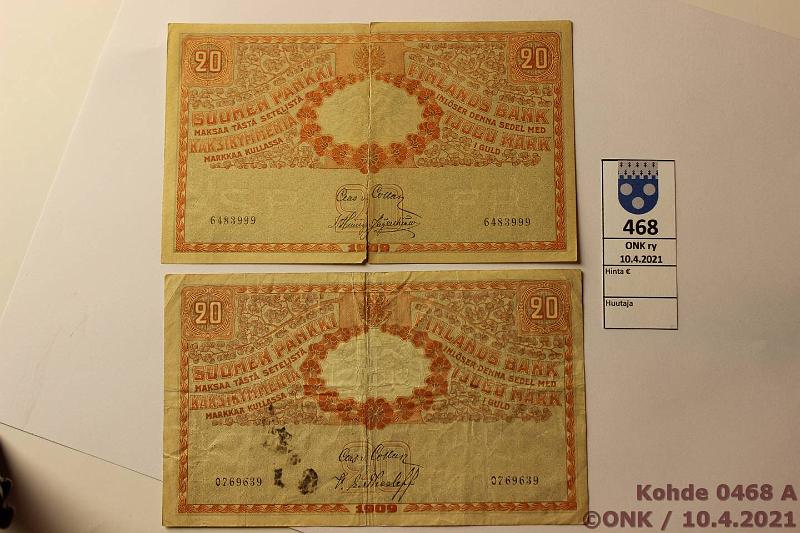 k-0468-a.jpg - Kohde 468 (kuva 1/2), lhthinta: 10 € / myyntihinta: 10 € 20 mk 1909 (2) SNY 156.1-2. 0769639 COL-The tahroja, 6483999 COL-His poikki, kunto: 4, 2
