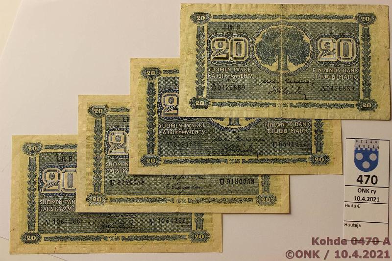 k-0470-a.jpg - Kohde 470, lhthinta: 6 € / myyntihinta: 6 € 20 mk 1945 LB (4) SNY 160.2 A..KEK-Als, U..KEK-Als, U..JUT-Car, V..JUT-AAs, kunto: 4