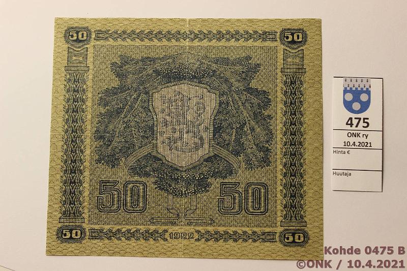 k-0475-b.jpg - Kohde 475 (kuva 2/2), l�ht�hinta: 40 &euro; / myyntihinta: 47 &euro; 50 mk 1922 LC SNY 167.4 P0419513 RYT-Wah, kunto: 6