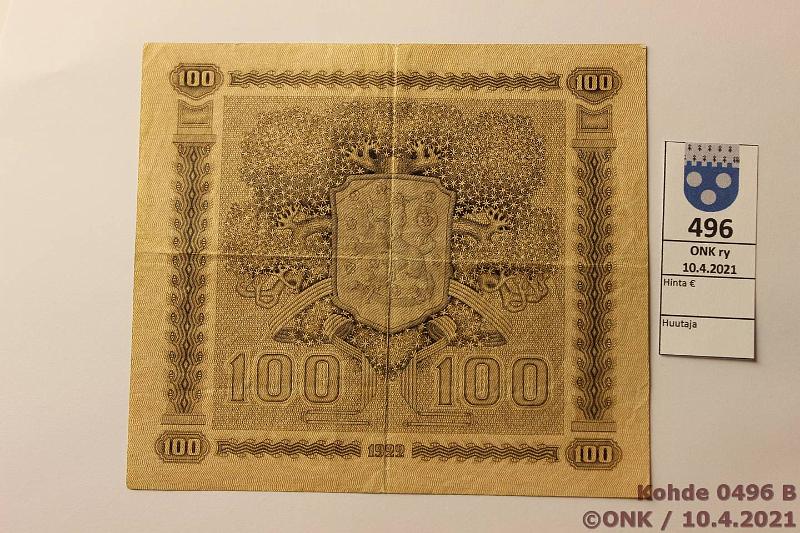 k-0496-b.jpg - Kohde 496 (kuva 2/2), lhthinta: 120 € / myyntihinta: 120 € 100 mk 1922 LA SNY 178.3 I0996148 RYT-Ml, laattanumerolla, kunto: 5