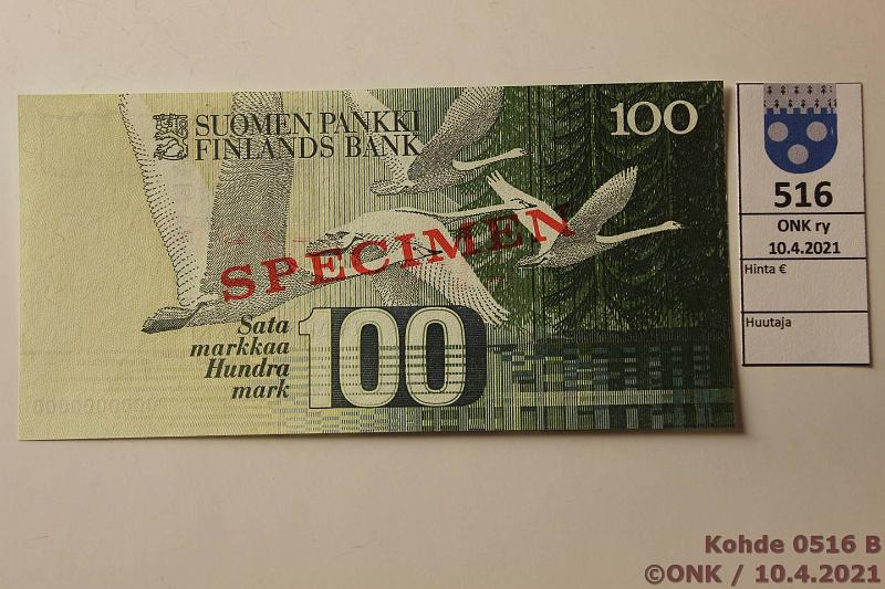 k-0516-b.jpg - Kohde 516 (kuva 2/2), l�ht�hinta: 475 &euro; / myyntihinta: 475 &euro; 100 mk 1986 LA SNY 185.3s 0000000000 AL II-M�2 punaisella SPECIMEN-painatuksella, kunto: 9