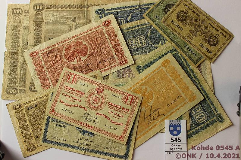 k-0545-a.jpg - Kohde 545, l�ht�hinta: 5 &euro; / myyntihinta: 7 &euro; 25 p - 100 mk (15) 1909-18 25+50p 1918; 1mk -15 SA; 5mk -09, -39(2), -45 LA; 10mk -39, -45 LA; 20mk -39 LD, -45 LB(3); 100mk -39 LD(2). Pehmoja, vikoja, kunto: 0-3