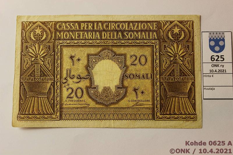 k-0625-a.jpg - Kohde 625 (kuva 1/2), l�ht�hinta: 225 &euro; / ei tarjouksia Italian Somalimaa 20 somali 1950 P#14 A020 082785, kunto: 5