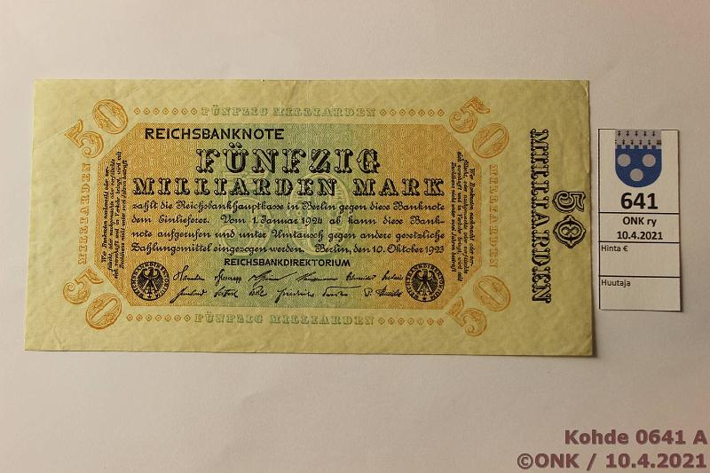 k-0641-a.jpg - Kohde 641, lhthinta: 25 € / ei tarjouksia Saksa 50 mrd mk 1923 P#119c Kulmissa taitteet ja pyristym, kunto: 6