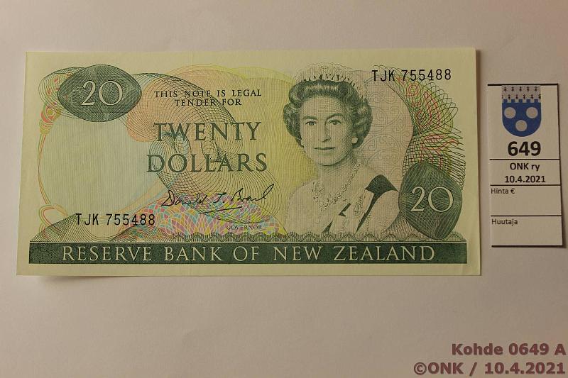 k-0649-a.jpg - Kohde 649 (kuva 1/2), l�ht�hinta: 40 &euro; / myyntihinta: 48 &euro; Uusi Seelanti 20 $ ND (1989-92) P#173c TJK 755488, kunto: 9