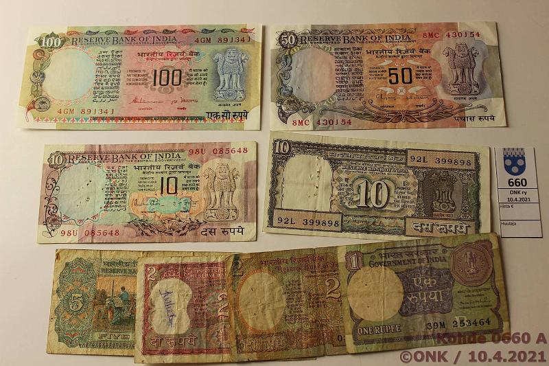 k-0660-a.jpg - Kohde 660, l�ht�hinta: 5 &euro; / ei tarjouksia Intia 1 - 100 rupee (8) 1970-84 1p 1985; 2r-75, -84; 5r-70; 10r ND, -70; 50r -77; 100r -77, kunto: 2-8