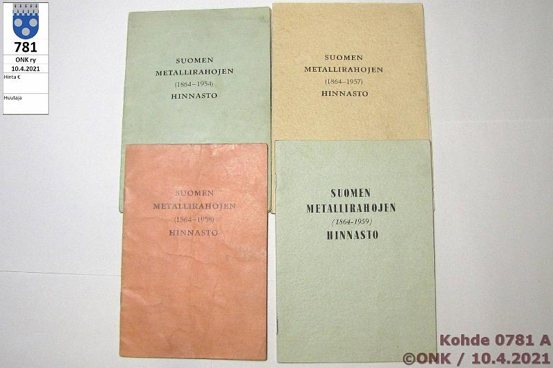 k-0781-a.jpg - Kohde 781 (kuva 1/2), lhthinta: 5 € / myyntihinta: 11 € Suomen Postimerkkeily Oy 1954-59 (4) Suomen metallirahojen hinnasto 1864-1954, -1957 (sivut 8-9 tyhjt), -1958 ja -1959. Merkintj., kunto: 4-6