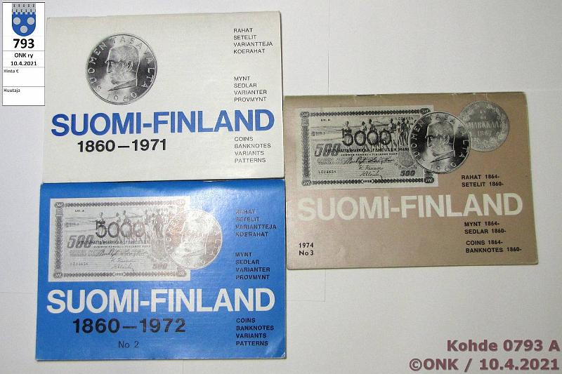 k-0793-a.jpg - Kohde 793 (kuva 1/2), lhthinta: 5 € / myyntihinta: 6 € Erkki Borg 1971-74 (3) Suomi-Finland - Rahat, setelit, variantteja, koerahat -luettelot 1860-1971 (1), 2 ja 3. Siistej., kunto: 7-9