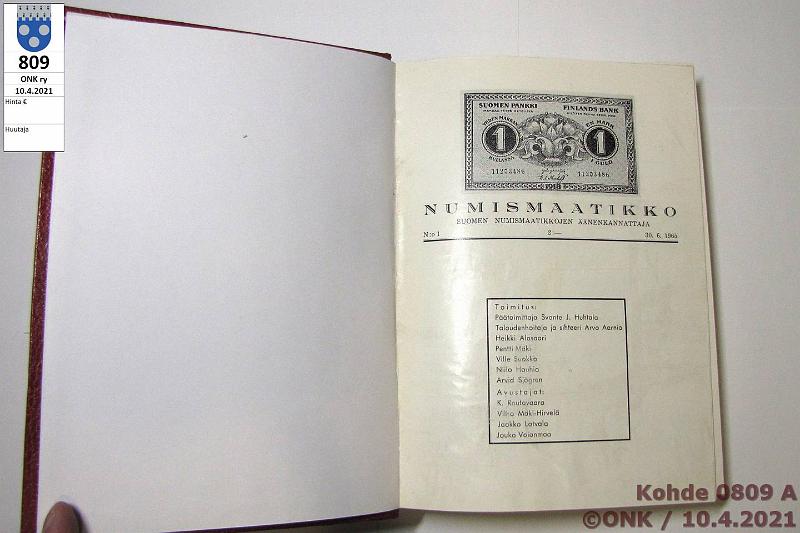 k-0809-a.jpg - Kohde 809 (kuva 1/3), lhthinta: 5 € / myyntihinta: 9 € Numismaatikko 1965-71 Sidottu kirja, jossa lehden numerot 1-4 vuosilta 1965-1971, kunto: 8