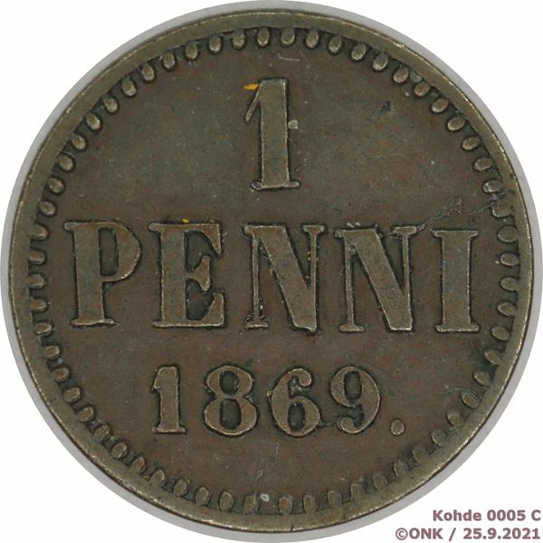 k-0005-c.jpg - Kohde 5 (kuva 3/3), l�ht�hinta: 20 &euro; / myyntihinta: 64 &euro; 1 p 1869 SNY 5.1, kaunis patina, kunto: 5