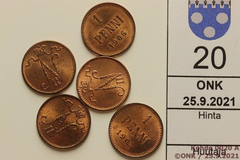 k-0020-a.jpg - Kohde 20, lhthinta: 20 € / myyntihinta: 20 € 1 p 1905-09 (5) 1905, -06, -07, -08, -09, leimakiitoisia, osassa hieman patinaa, kunto: 8-9