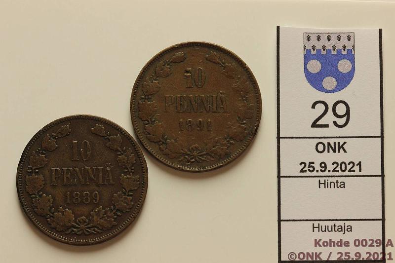 k-0029-a.jpg - Kohde 29, lhthinta: 5 € / myyntihinta: 8 € 10 p 1889, -91 1889 pnja; 1891 ap ij; molemmissa prvja, kunto: 3