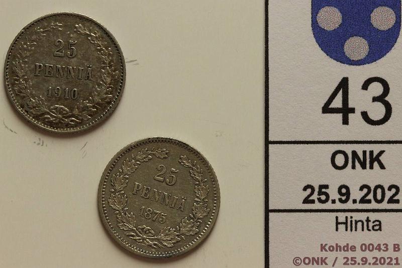 k-0043-b.jpg - Kohde 43 (kuva 2/2), lhthinta: 10 € / myyntihinta: 18 € 25 p 1875, 1910 Ag, SNY 273.1, 298, kunto: 6, 5