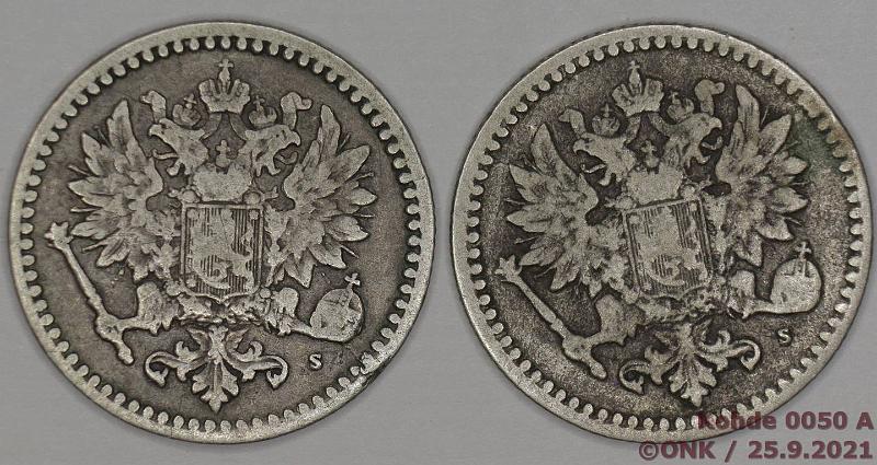 k-0050-a.jpg - Kohde 50 (kuva 1/2), lhthinta: 8 € / myyntihinta: 13 € 50 p 1869, -71 Ag, SNY 319, 320.1, mol. tumm, kunto: 3/4, 3