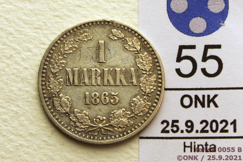 k-0055-b.jpg - Kohde 55 (kuva 2/2), lhthinta: 5 € / myyntihinta: 7 € 1 mk 1865 Ag, SNY 398.2.1, hnja, ij, kunto: 5
