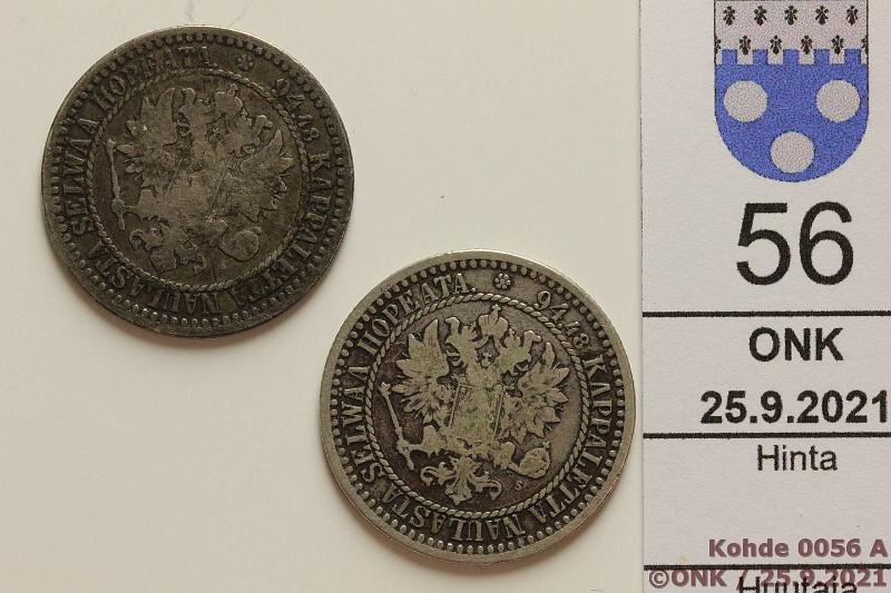 k-0056-a.jpg - Kohde 56 (kuva 1/2), l�ht�hinta: 10 &euro; / myyntihinta: 11 &euro; 1 mk 1866 (2) Ag, SNY 399.2.2, toisessa 6 vinossa ja sen alla metallia?, kunto: 3, 4