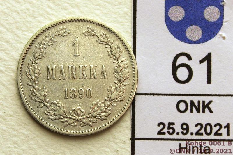 k-0061-b.jpg - Kohde 61 (kuva 2/2), lhthinta: 5 € / myyntihinta: 9 € 1 mk 1890 Ag, tp likapiste, kunto: 5