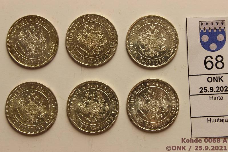 k-0068-a.jpg - Kohde 68 (kuva 1/2), lhthinta: 30 € / myyntihinta: 67 € 1 mk 1915 (6) Ag, muutamassa phpja, ainakin kaksi tyyppi rahamestarin S:, erittin kauniita!, kunto: 9