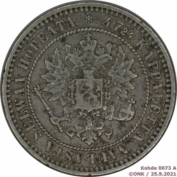 k-0073-a.jpg - Kohde 73 (kuva 1/2), lhthinta: 10 € / myyntihinta: 12 € 2 mk 1870 Ag, ap naarm, rv, kunto: 4