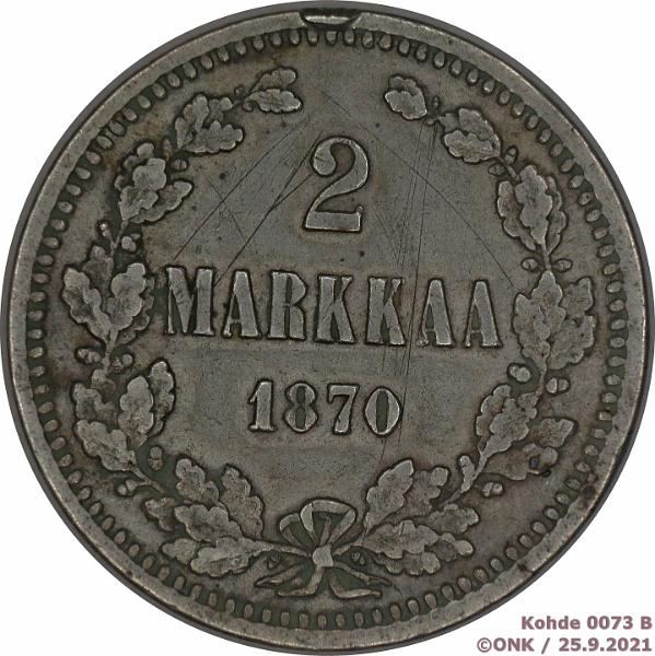 k-0073-b.jpg - Kohde 73 (kuva 2/2), l�ht�hinta: 10 &euro; / myyntihinta: 12 &euro; 2 mk 1870 Ag, ap naarm, rv, kunto: 4