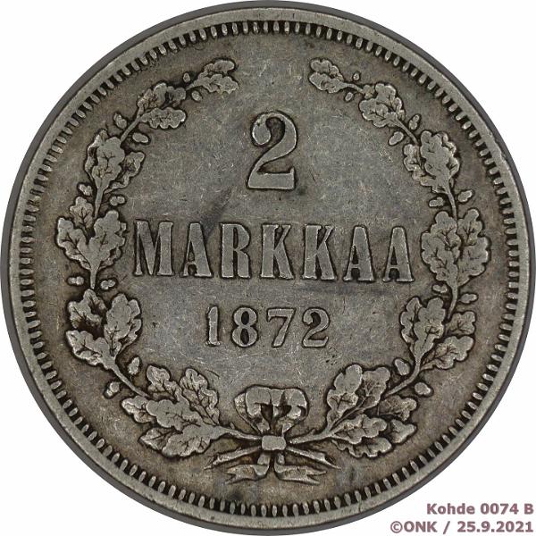 k-0074-b.jpg - Kohde 74 (kuva 2/2), lhthinta: 10 € / myyntihinta: 13 € 2 mk 1872 Ag, hnja, prv, kunto: 4