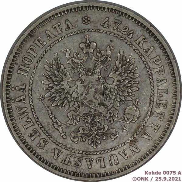 k-0075-a.jpg - Kohde 75 (kuva 1/2), lhthinta: 10 € / myyntihinta: 15 € 2 mk 1874 Ag, ap hnja, kunto: 5