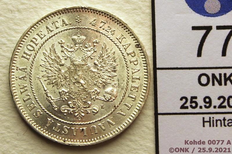 k-0077-a.jpg - Kohde 77 (kuva 1/2), lhthinta: 70 € / myyntihinta: 145 € 2 mk 1906 Ag, SNY 500.1, pieni hpja, pitk kauttaviiva, loistelias!, kunto: 9