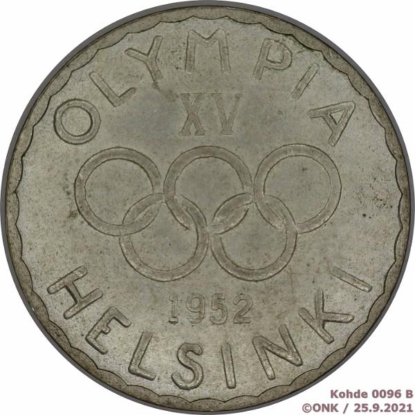 k-0096-b.jpg - Kohde 96 (kuva 2/2), l�ht�hinta: 8 &euro; / myyntihinta: 9 &euro; 500 mk 1952 Ag, H:gin Olympialaiset 1952 -rasiassa, kunto: 5