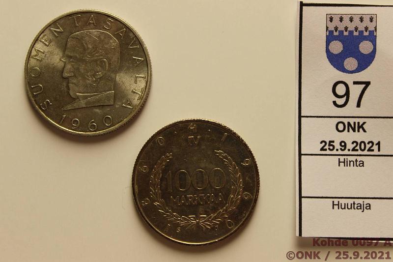 k-0097-a.jpg - Kohde 97, lhthinta: 16 € / myyntihinta: 17 € 1000 mk 1960 (2) Ag, kunto: 7, 8