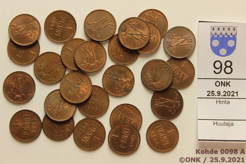 k-0098-a.jpg - Kohde 98, lhthinta: 25 € / myyntihinta: 27 € 1 p 1900-16 (26) Cu, 1900(2), -03, -07(3), -08, -09(2), -11, -12(2), -13, -14(3), -15(3), -16(7). Kaikissa ainakin hieman leimakiiltoa, osassa hpja, kunto: 6-7