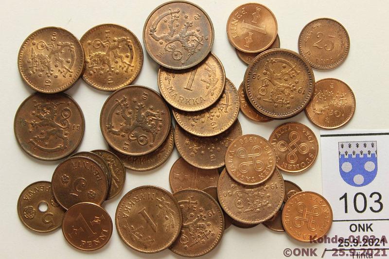 k-0103-a.jpg - Kohde 103, lhthinta: 10 € / myyntihinta: 10 € 1 p - 1 mk 1919-69 (30) Cu, Parempikuntoisia. 1p 1919, -23(2), 1963-69 kaikki v:t(7); 5p 1920, -41, -42(2), -43; 10p 1919(3), -34; 25p 1942, -43; 1mk 1943, -50(5), -51(3). Kaikissa ainakin hieman leimakiiltoa, kunto: 7-9
