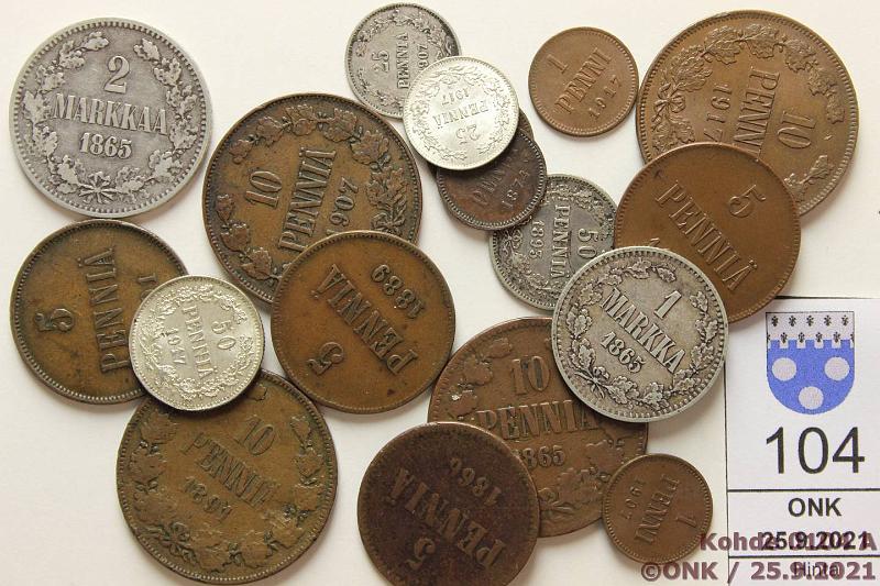 k-0104-a.jpg - Kohde 104, lhthinta: 20 € / myyntihinta: 27 € 1 p - 2 mk 1865-1917 (18) Cu: 1p 1874, -83, 1907, -17; 5p 1866, -89, 1901, -17II; 10p 1865, -91, 1907, -17II. Ag: 25p 1907, -17II; 50p 1893, 1917II; 1mk 1865; 2mk 1865, kunto: 3-8