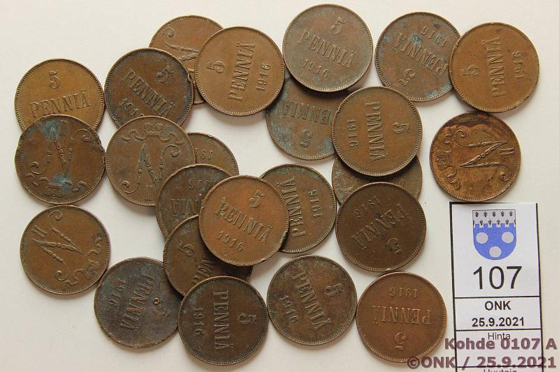 k-0107-a.jpg - Kohde 107, l�ht�hinta: 15 &euro; / myyntihinta: 15 &euro; 5 p 1916 (24) Cu, vuosiluvun 2. ykk�sen jalka ehyt, hankalampi variantti, kunto: 1-5