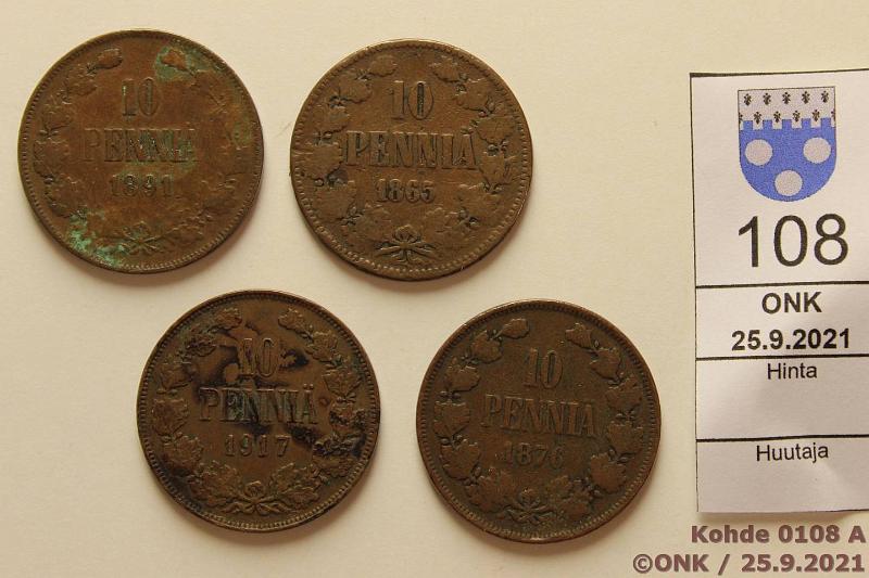 k-0108-a.jpg - Kohde 108 (kuva 1/2), lhthinta: 5 € / myyntihinta: 6 € 10 p 1865-1917 (4) Cu, 1865, -76, -91, 1917I, kunto: 2-4