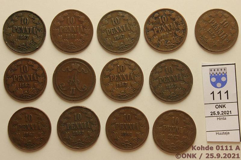 k-0111-a.jpg - Kohde 111, lhthinta: 10 € / myyntihinta: 19 € 10 p 1867 (13) Cu, osassa vikoja, kunto: 2-4