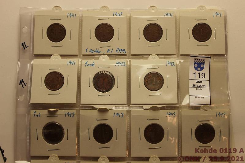 k-0119-a.jpg - Kohde 119 (kuva 1/2), lhthinta: 5 € / myyntihinta: 5 € 1 mk 1941-51 (17) Cu, 1941(5), -42(2), -43(8), 51(2), rahasilmiss kansiolehdell, useimmissa ainakin pilkahdus leimakiiltoa, kunto: 5-7