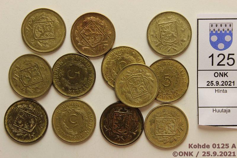 k-0125-a.jpg - Kohde 125, lhthinta: 15 € / ei tarjouksia 5 mk 1931-51 (12) AlBr/Mess, 1931, -37, -38, -39, -41, -42, -46, -47, -48, -49, -50, -51, kunto: 5-8