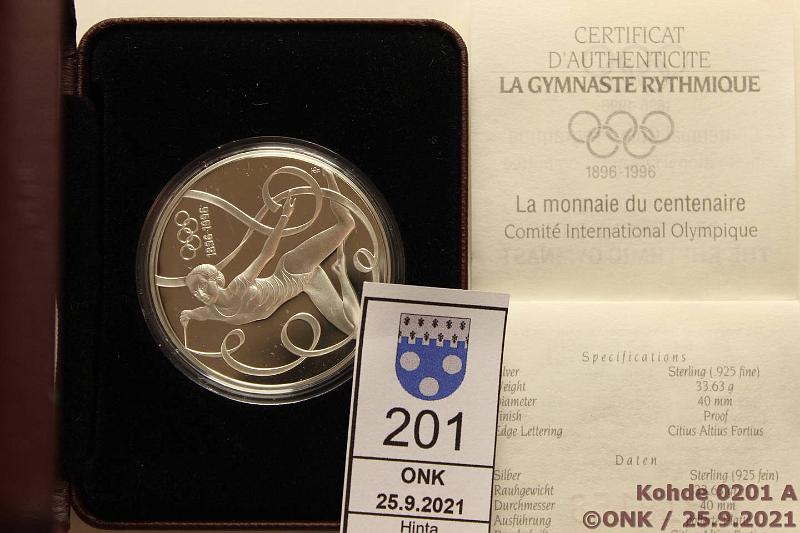 k-0201-a.jpg - Kohde 201, lhthinta: 15 € / myyntihinta: 19 € Itvalta 200 sch 1995 KM#3026 Ag, Proof, 33,63g/925, Olympic Movement, Summer Olympics, laatikko, tod., kunto: 10