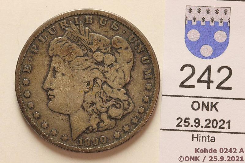 k-0242-a.jpg - Kohde 242 (kuva 1/2), lhthinta: 10 € / myyntihinta: 16 € USA 1 $ 1890 KM#110 Ag, 26,73g/900, Morgan dollar, kunto: 4